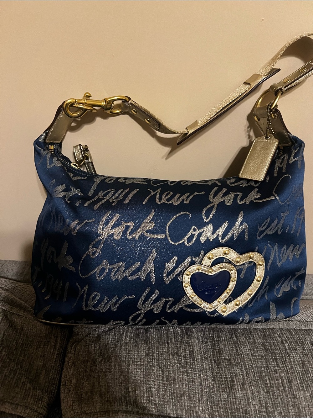 Coach Blue Script Hobo with Gold Heart Accent